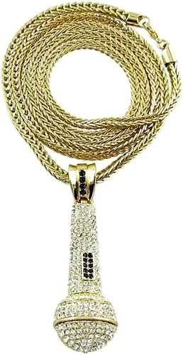 Vista 2 de Colgante de micrófono con acabado de oro helado con dije de micrófono con cadena Franco de 36 pulgadas Hip Hop, Metal