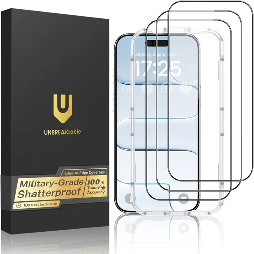 Vista 16 de UNBREAKcable Paquete de 3 protectores de pantalla para iPhone 15, vidrio templado doble a prueba de roturas [marco de instalación fácil]