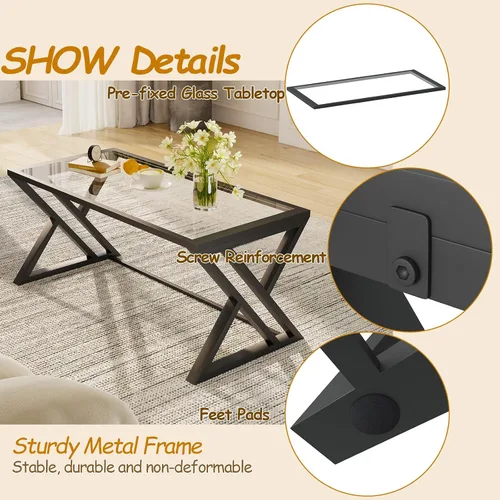 Vista 6 de Mesa de café Wolawu de vidrio negro para sala de estar, mesa central rectangular moderna con marco de metal resistente, mesa de té de vidrio