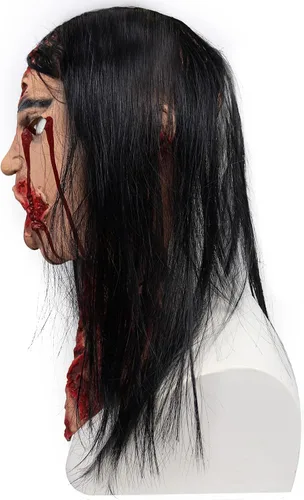 Vista 5 de Bulex Máscara de fantasma de mueca de terror de Halloween, piel de emulsión de zombi aterradora con pelo rojo