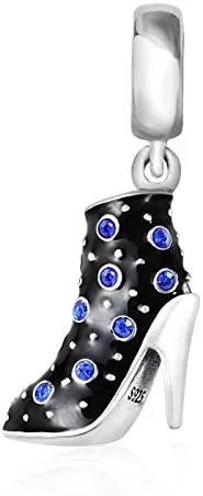 Vista 2 de Abalorios colgantes de tacón alto negro de plata de ley 925 con piedra natal para su pulsera Pandora