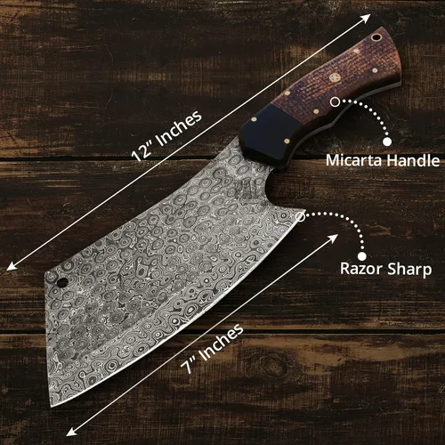 Vista 3 de Cuchillo de acero de Damasco hecho a mano de 12 pulgadas Chopper Edc - Cuchilla con funda - Mppn-8667