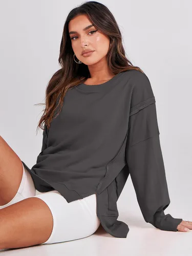 Vista 9 de ANRABESS Sudaderas de gran tamaño para mujer, con cuello redondo, manga larga, casuales y holgadas, con aberturas, ropa de otoño 2025