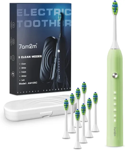 Vista 15 de 7AM2M Cepillo de dientes eléctrico sónico para adultos y niños, con 8 cabezales de cepillo y estuche de viaje, 5 modos con temporizador inteligente