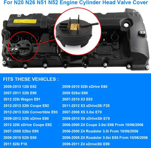 Vista 6 de Tapa de Válvula de Motor PCV, Reemplaza 11127552281 Compatible con Motor BMW N20 N26 N51 N52 E70 E82 E83 E90 E91 E92 E93-2008-2013 128i, 2007-2013