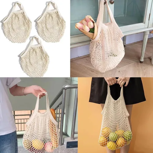Vista 4 de Bolsas de malla de algodón, bolsas de compras reutilizables, bolsas de comestibles de malla de algodón para productos de frutas, verduras, red