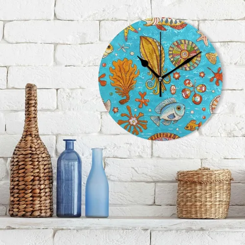 Vista 3 de Retro Sea Fish Cuttlefish Blue 10 Inch Round Wall Kitchen Clock Non-Ticking Art for Office Kitchen Dining Room reloj de pared para cuarto