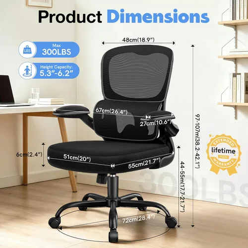 Vista 2 de ALLGOD Silla de oficina ergonómica, silla de escritorio ergonómica de malla transpirable con soporte lumbar ajustable, reposabrazos abatibles