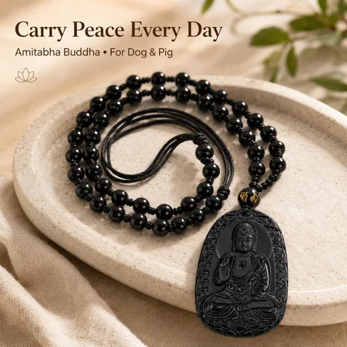Vista 3 de Obsidian Guardian Buddha Amulet - Zodiac Feng Shui Necklace, symbolizing wisdom and wealth Perro negro y cerdo