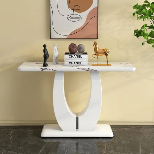 Vista 3 de Elegante mesa consola de mármol blanco, mesa rectangular estrecha de 47 pulgadas, mesa de comedor de entrada de mármol sintético de mediados