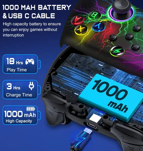 Vista 7 de Wireless Switch Pro Controller for Nintendo Switch ControllerLiteOLED, Cool RGB Wired PC Game Jasticks-Wireless iOSAndroid Remote with LED