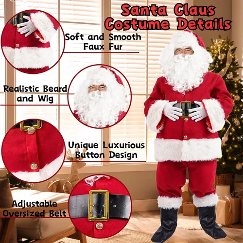 Vista 4 de Soulty Disfraz de Papá Noel para hombre, 11 piezas, de terciopelo rojo, traje de Papá Noel de Navidad para hombres adultos, conjunto de traje