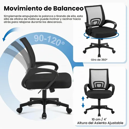 Vista 6 de Yaheetech Silla de oficina de malla con respaldo medio, ajustable, ergonómica, silla de trabajo para computadora, giratoria rodante con soporte
