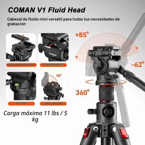 Vista 3 de COMAN - Trípode superior de 72 pulgadas con cabezal fluido, carga máxima