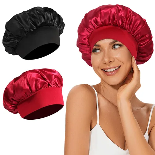 Vista 11 de 4 piezas de gorro de satén de seda, gorro de cabello para dormir, gorro de seda elástica de banda ancha para dormir, suave y transpirable Gorra