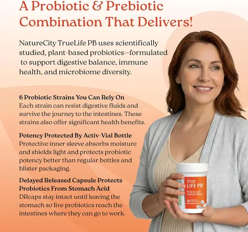 Vista 4 de NatureCity True-Life-PB - Mezcla de prebióticos y probióticos para mujeres y hombres, suplementos digestivos para la salud intestinal para mujeres