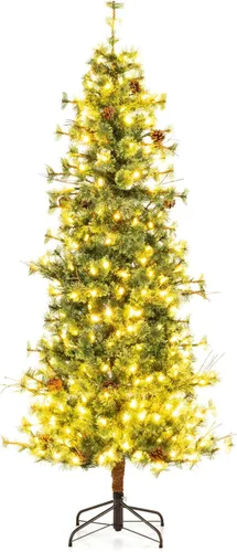 Vista 15 de GOFLAME Árbol de Navidad artificial preiluminado de 4 pies, árbol de Navidad delgado con nieve en forma de lápiz con luces LED multicolor y blanco