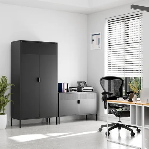 Vista 7 de Gabinete de almacenamiento de metal ancho negro, gabinete de acento de 2 puertas para el hogar y la oficina, gabinete de metal bajo de 2 niveles