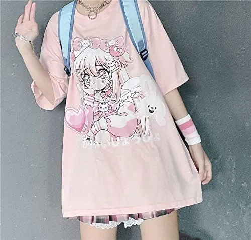 Vista 5 de AtbeTa Kawaii - Camiseta de gran tamaño de manga larga, linda camiseta de anime rosa japonés, Harajuku, conejo, gato, adolescente, niña