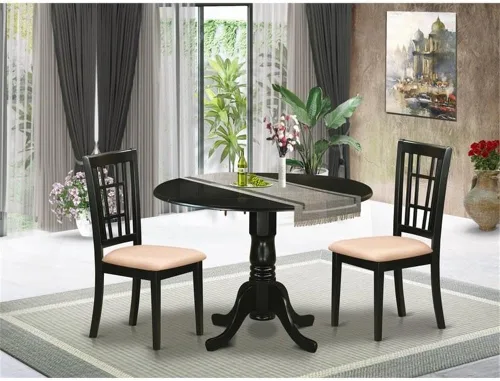 Vista 2 de East West Furniture DLNI3-BLK-C - Juego de comedor de 3 piezas que contiene una mesa de comedor redonda con gotas y 2 sillas de cocina tapizadas