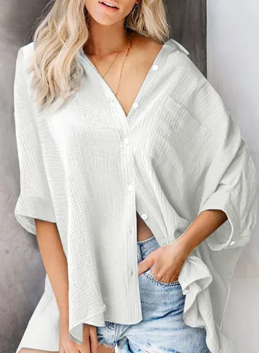 Vista 2 de Astylish Camisas de gran tamaño con botones para mujer, manga 34, cuello en V, texturizadas