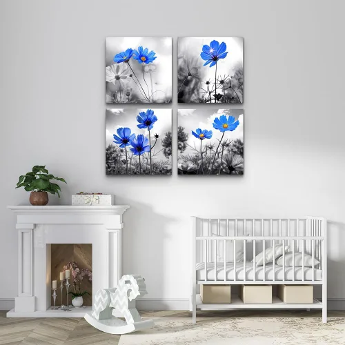 Vista 5 de Arte de pared para dormitorio, flor azul cian en blanco y negro, decoración de pared para decoración del hogar, pintura de arte de 12 x 12 pulgadas