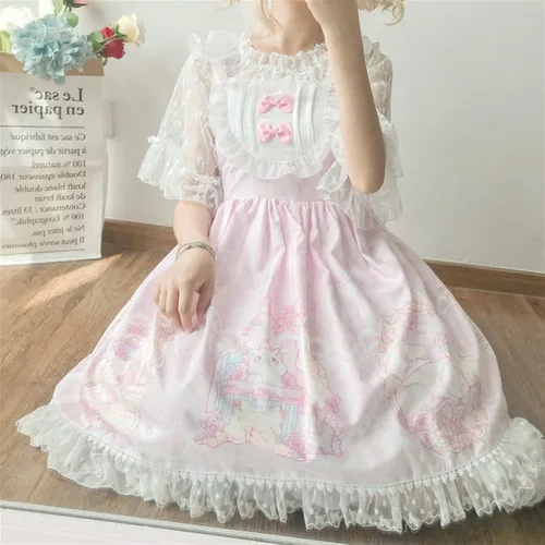 Vista 6 de BXSM Lolita - Vestido de princesa Kawaii de gasa de encaje para niña, vestido encantador Lolita para uso diario, Rosado