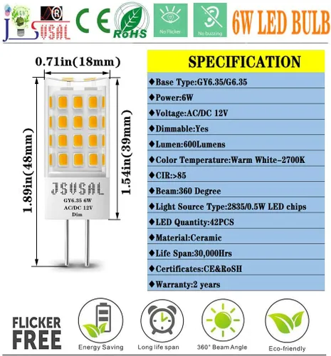 Vista 2 de Bombilla LED GY6.35 regulable, T4 JC tipo GY6.35/G6.35 base bi-pin, AC/DC 12V blanco cálido 2700K, 6W equivalente a 50-65W G6.35/GY6.35
