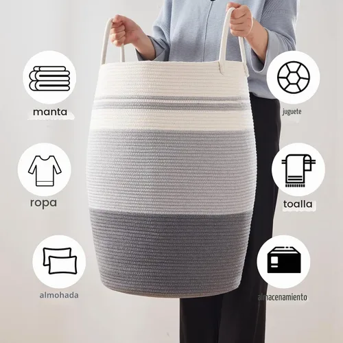 Vista 6 de OIAHOMY Cesta de lavandería tejida de cuerda, tamaño grande, con asas extendidas para ropa y juguetes, cesta alta de 25.6 pulgadas, plegable