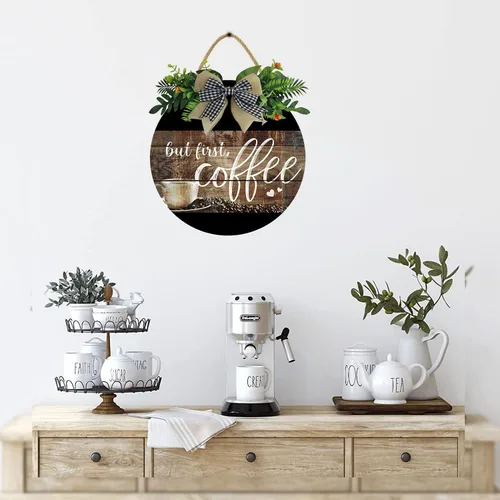 Vista 2 de KPSheng Letrero con texto en inglés «But First Coffee», decoración de pared de madera de 11 pulgadas para el hogar, cocina, cafetería