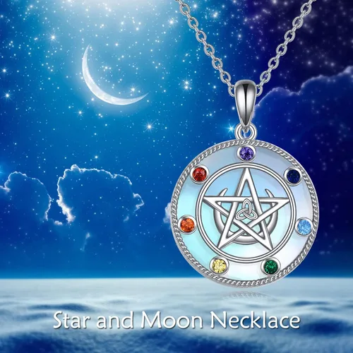 Vista 37 de LUHE Collar de plata de ley con dije de pentagrama de chakras y luna, pentáculo, celta, pagano, wiccano, amuleto mágico para mujeres, adolescentes