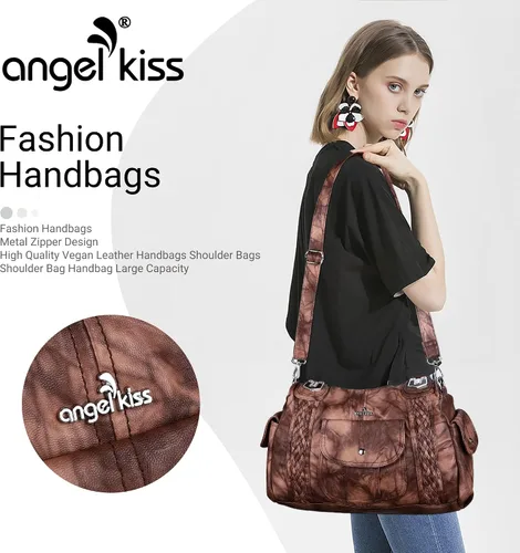 Vista 7 de Angelkiss - Bolsos y bolsos de mano para mujer, de cuero vegano lavado, bolso cruzado estilo hobo