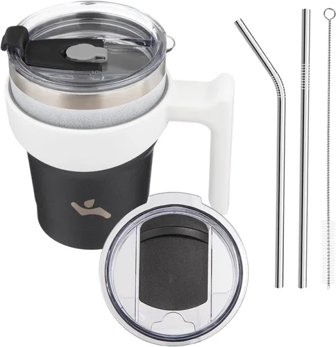 Vista 60 de Konokyo - Vaso de 10 onzas con asa y 2 popotes, 2 tapas, botella de agua aislada de acero inoxidable, taza de viaje reutilizable, color verde militar