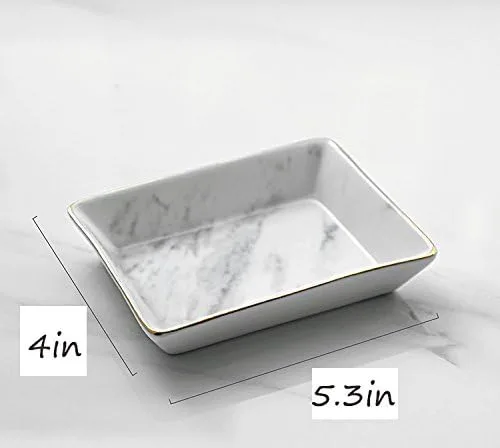 Vista 3 de SOCOSY Plato de cerámica de mármol para anillos de joyería, bandeja organizadora de joyas con bordes dorados, decoración del hogar, regalo de boda