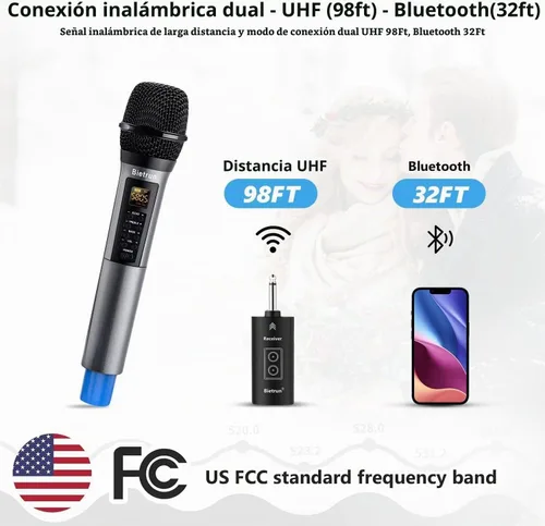 Vista 2 de Bietrun - Micrófonos inalámbricos con eco, agudos, graves y Bluetooth, rango de 160 pies, sistema de micrófono dinámico de mano UHF portátil