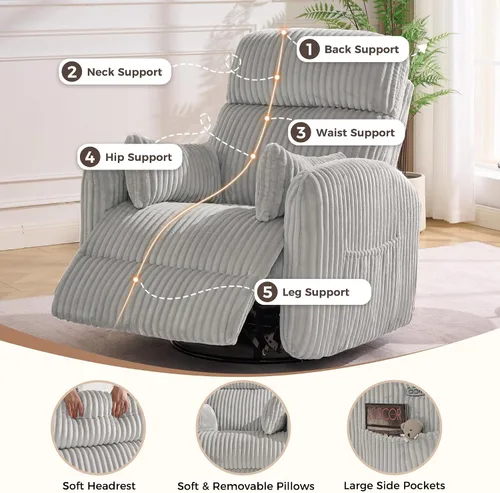 Vista 7 de Sillón reclinable giratorio eléctrico con reposacabezas ajustable, sillón Gris