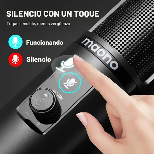 Vista 4 de Kit de micrófono de grabación USB MAONO, micrófono de condensador profesional para PC con silenciamiento táctil y perilla de ganancia de micrófono
