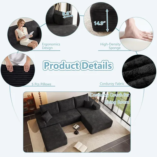 Vista 3 de Sofá modular Cloud de 95 pulgadas con otomana, moderno sofá nube en forma de U con asiento profundo, cómodo sofá de pana de 3 plazas, sofá de espuma