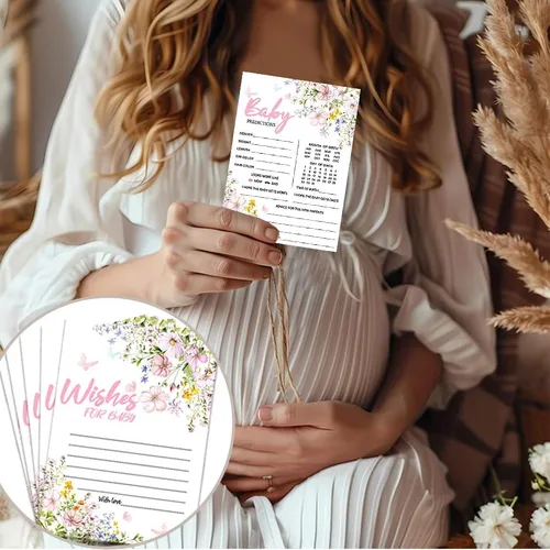 Vista 4 de 50 tarjetas de predicción de bebé para juegos de baby shower, tarjetas de deseos y consejos de flores silvestres con caja para decoraciones de baby