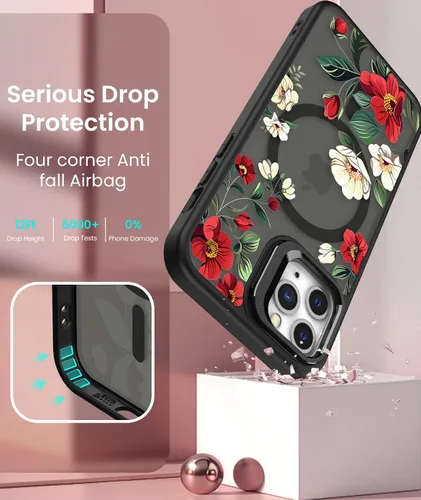 Vista 7 de Dretal Magnético para iPhone 11 Pro, Funda Floral, Protector de Pantalla, Anillo de Lente Integrado, Soporte, Protección de Grado Militar, Funda