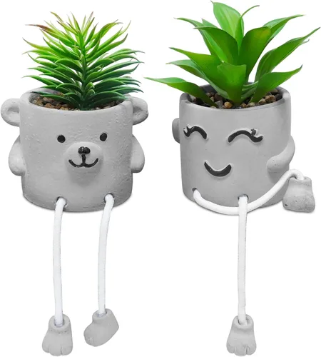 Vista 15 de Zerzsy - Suculentas artificiales en macetas de cemento con patas colgantes, decoración de estantes de cocina, decoración de estantes de baño