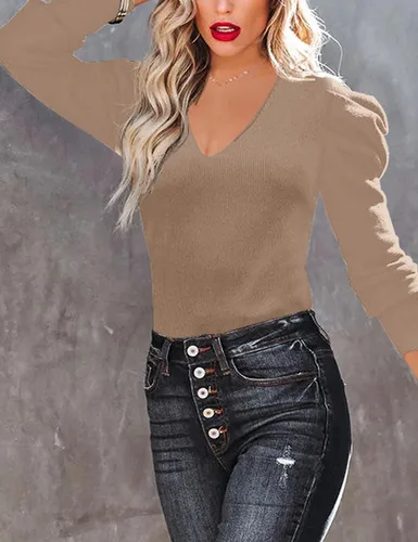 Vista 3 de Amarmia Suéter de punto de manga larga abombada para mujer, estilo casual, cuello en V, acanalado, liso, suave, ajustado