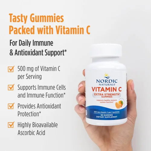 Vista 3 de Nordic Naturals Gomitas de vitamina C extra fuertes, sabor a mandarina, 60 gomitas - Suplemento vegano de vitamina C de 500 mg - Sistema