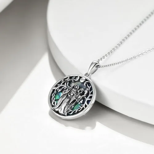 Vista 2 de TIGER RIDER Collar de diosa de triple luna de plata de ley con amuleto mágico Wicca pagano del árbol de la vida, joyería para mujeres y hombres