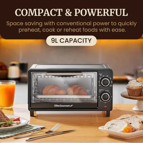 Vista 8 de Elite Gourmet ETO490 horno tostador de encimera de 9L/4 rebanadas con temporizador de 30 minutos, control de temperatura ajustable, incluye bandeja