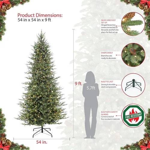 Vista 5 de Puleo International Árbol de Navidad artificial de abeto bálsamo delgado preiluminado de 9 pies con 800 luces transparentes