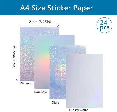 Vista 2 de Nihuecne 24 hojas de papel adhesivo de vinilo imprimible tamaño A4 (8.25 x 11.7 pulgadas), papel adhesivo holográfico brillante, autoadhesivo