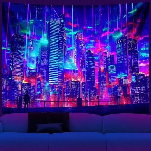 Vista 7 de NYZE Tapiz de luz negra de ciudad, tapiz de anime japonés, juego punk, fantasía, vista nocturna, paisaje urbano, arte futurista, neón, tapices