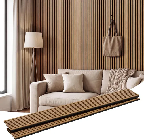 Vista 13 de Amsleekey Paquete de 4 paneles de pared de listones de madera acústica de Teca