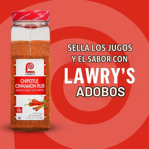 Vista 2 de Lawry's Chipotle Cinnamon Rub, 27 onzas – Un recipiente de 27 onzas de Chipotle Cinnamon Rub hecho de chile chipotle, canela y pimentón perfecto